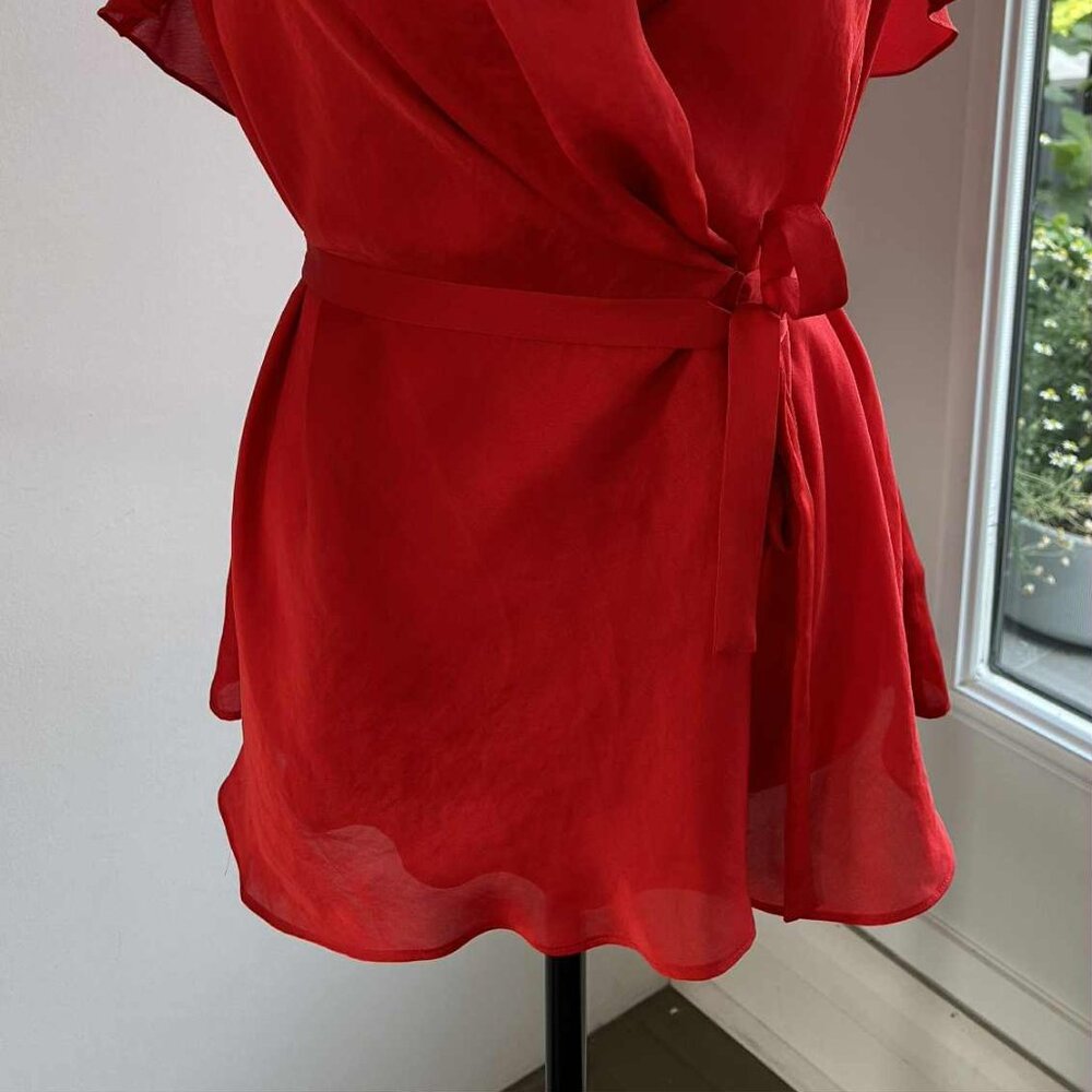 Armani Exchange Poppy Red Satin Side-Tie Wrap Blouse with Flutter Sleeves – US M - Picture 2 of 11